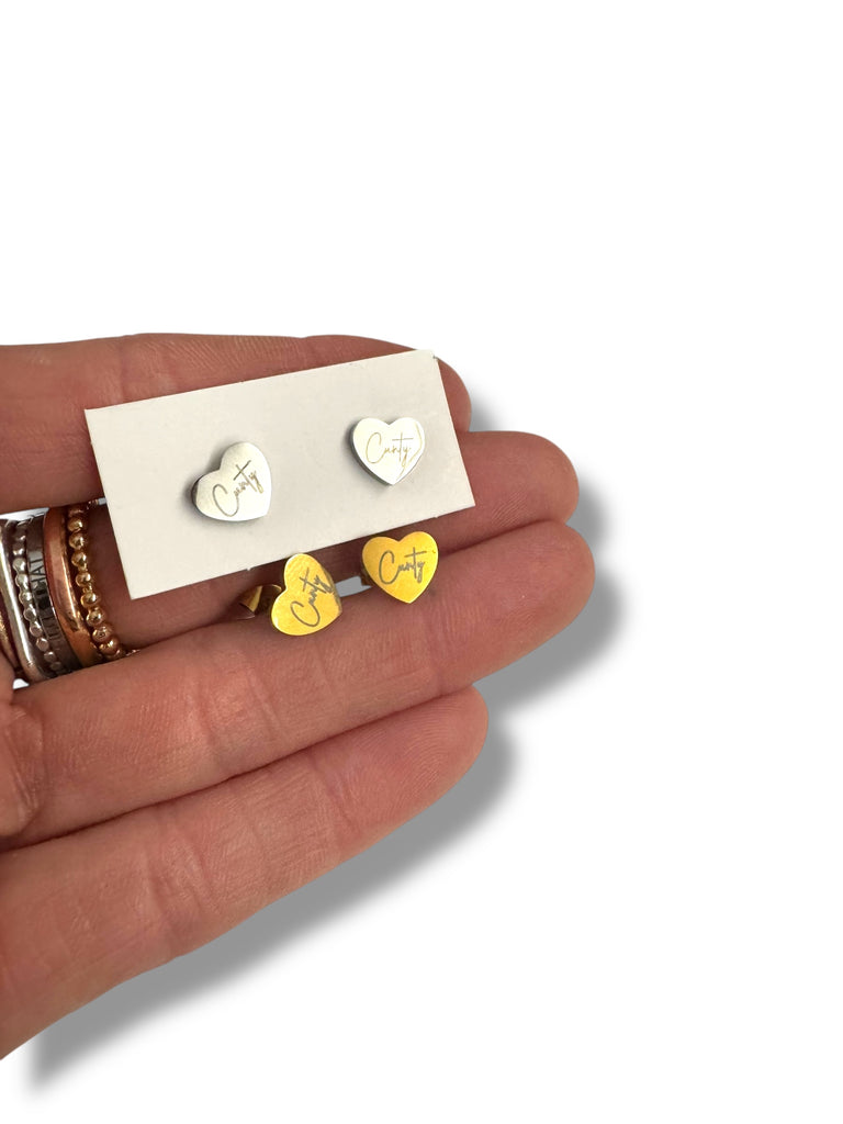 Cunty Heart Script Stud Earrings